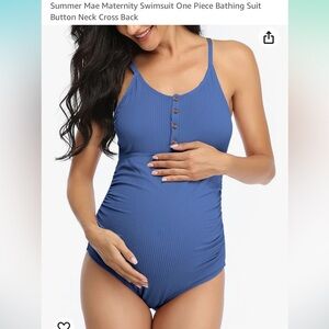Summer Mae Maternity Swimsuit One Piece Bathing Suit Button Neck Cross Back